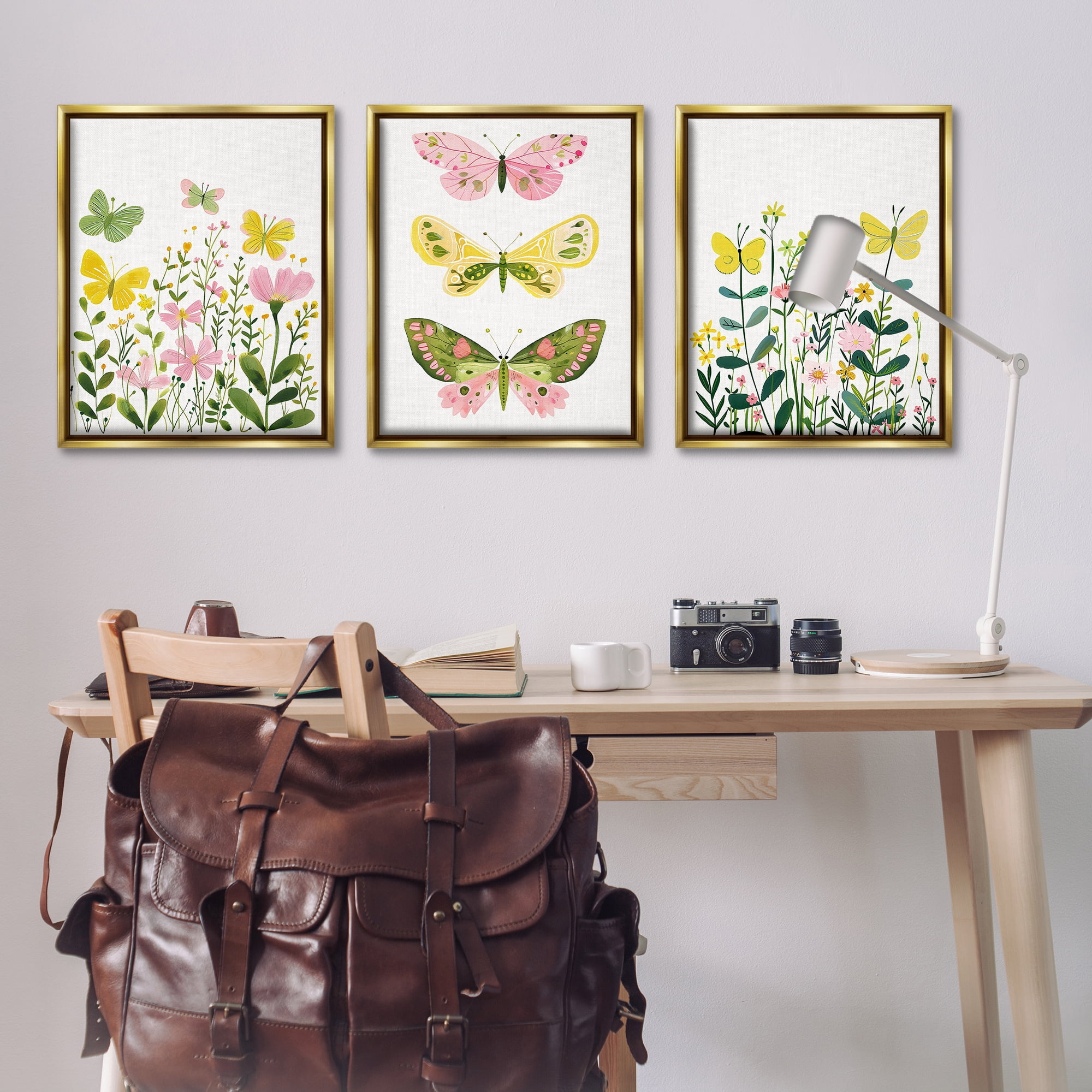Stupell Industries Playful Butterflies and Florals Animals Painting Gold Floater Framed Canvas Art Print Wall Art, 25 x 31, Set of 3
