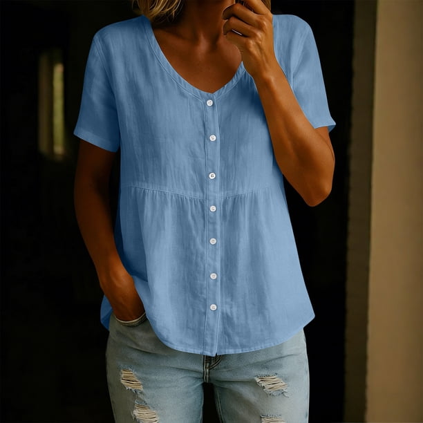 Craaazy Women's Casual V Neck Blouse, Solid Color Short Sleeve Button Down Shirt, Loose Fit Comfy Breathable Cotton Linen Tops for Daily Wear Gifts