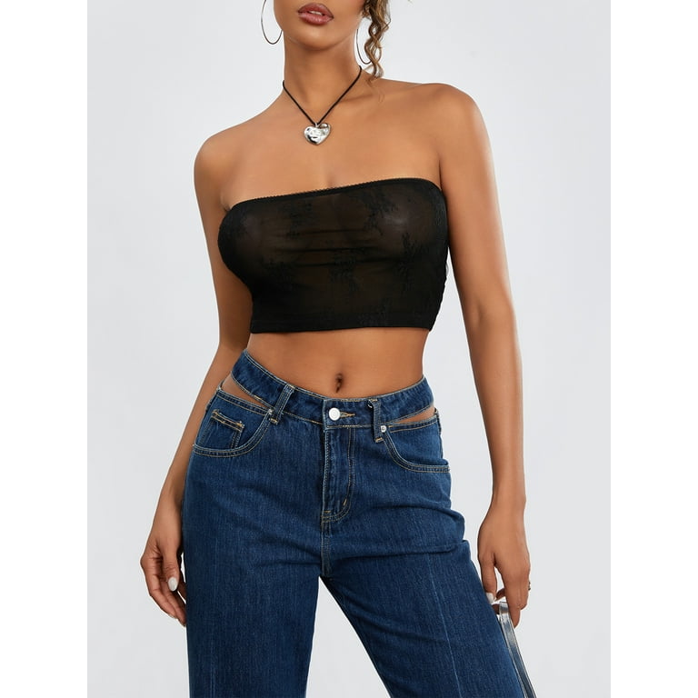 Women s Lace Tube Tops Tight Fitted Off Shoulder Sleeveless Strapless Lace Embroidery Crop Tops Shirt for Party Club Night Walmart