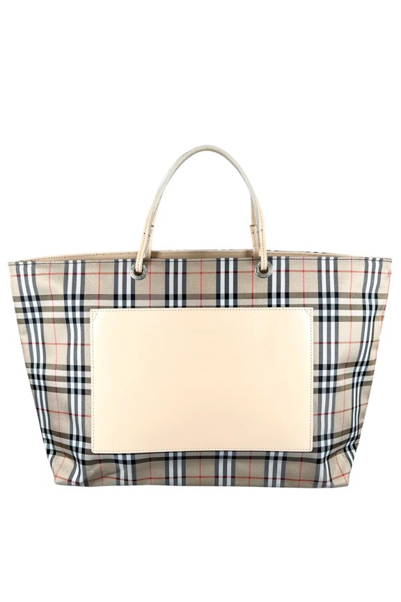 Pre-Owned BURBERRY tote bag, nylon and leather, beige, women's, Nova check pattern.