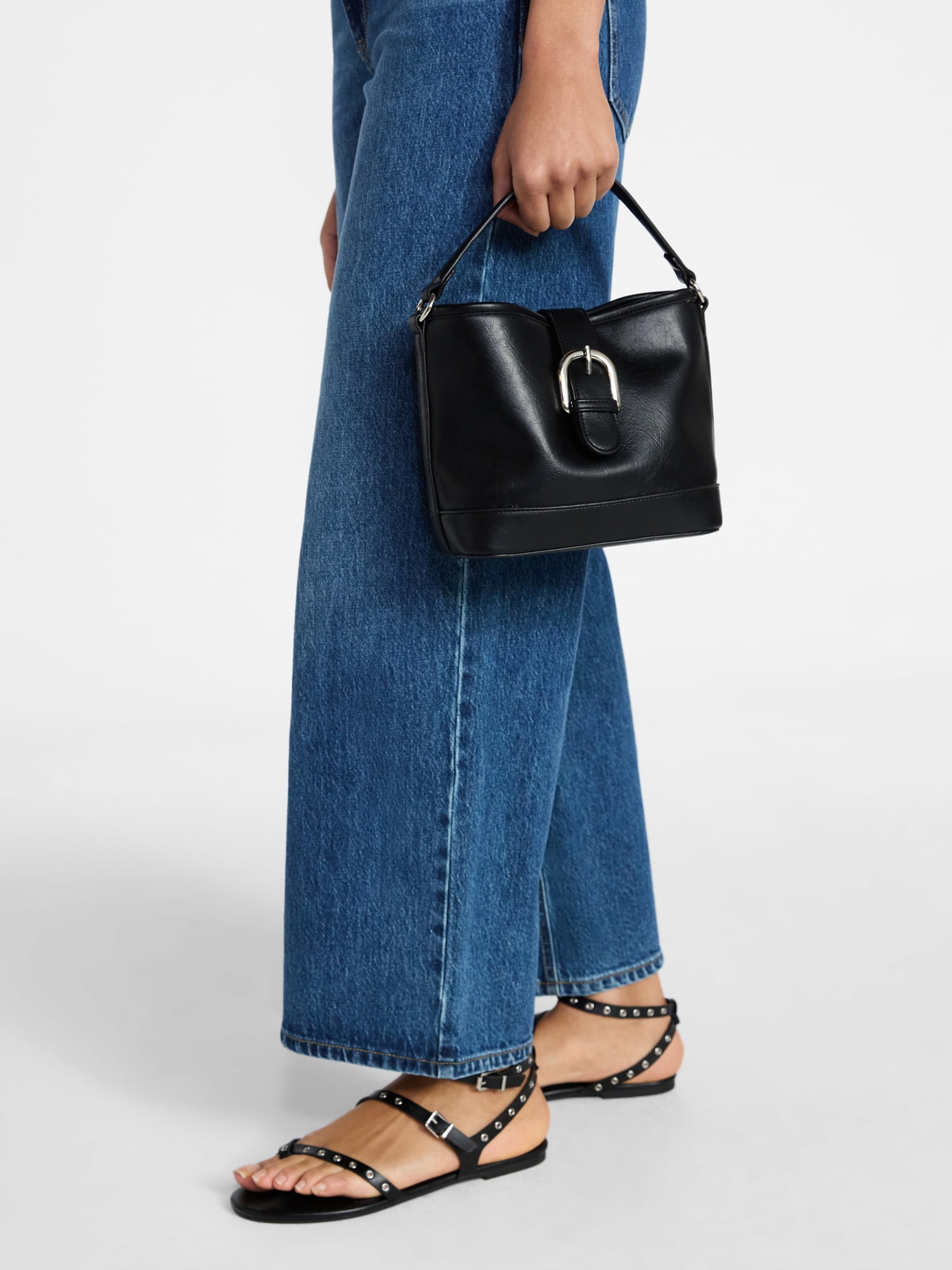 No Boundaries Women's Faux Leather Moto Bucket Bag, Black
