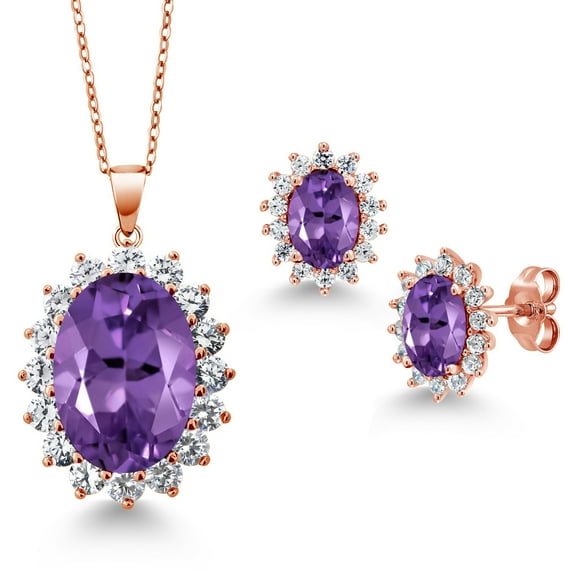 Gem Stone King 14.70 Ct Oval Purple Amethyst 18K Rose Gold Plated Silver Pendant and Earrings Jewelry Set