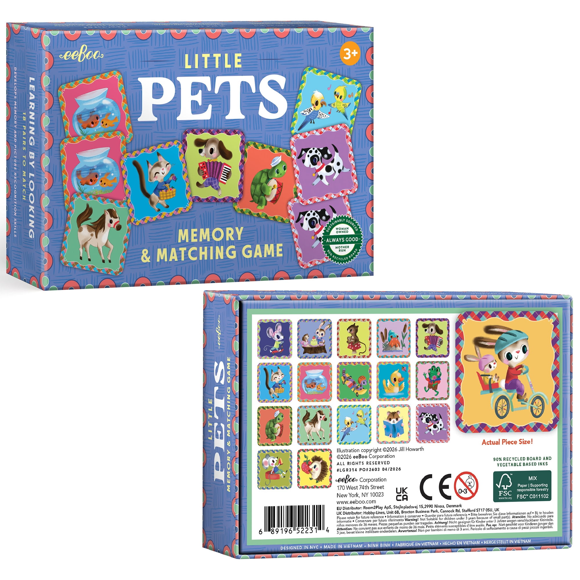 eeBoo Little Pets Memory & Matching Game, Ages 3+ For 1-4 Players - Sharpens Recognition, Concentration & Memory Skills, Includes 36 Tiles, 18 Pairs