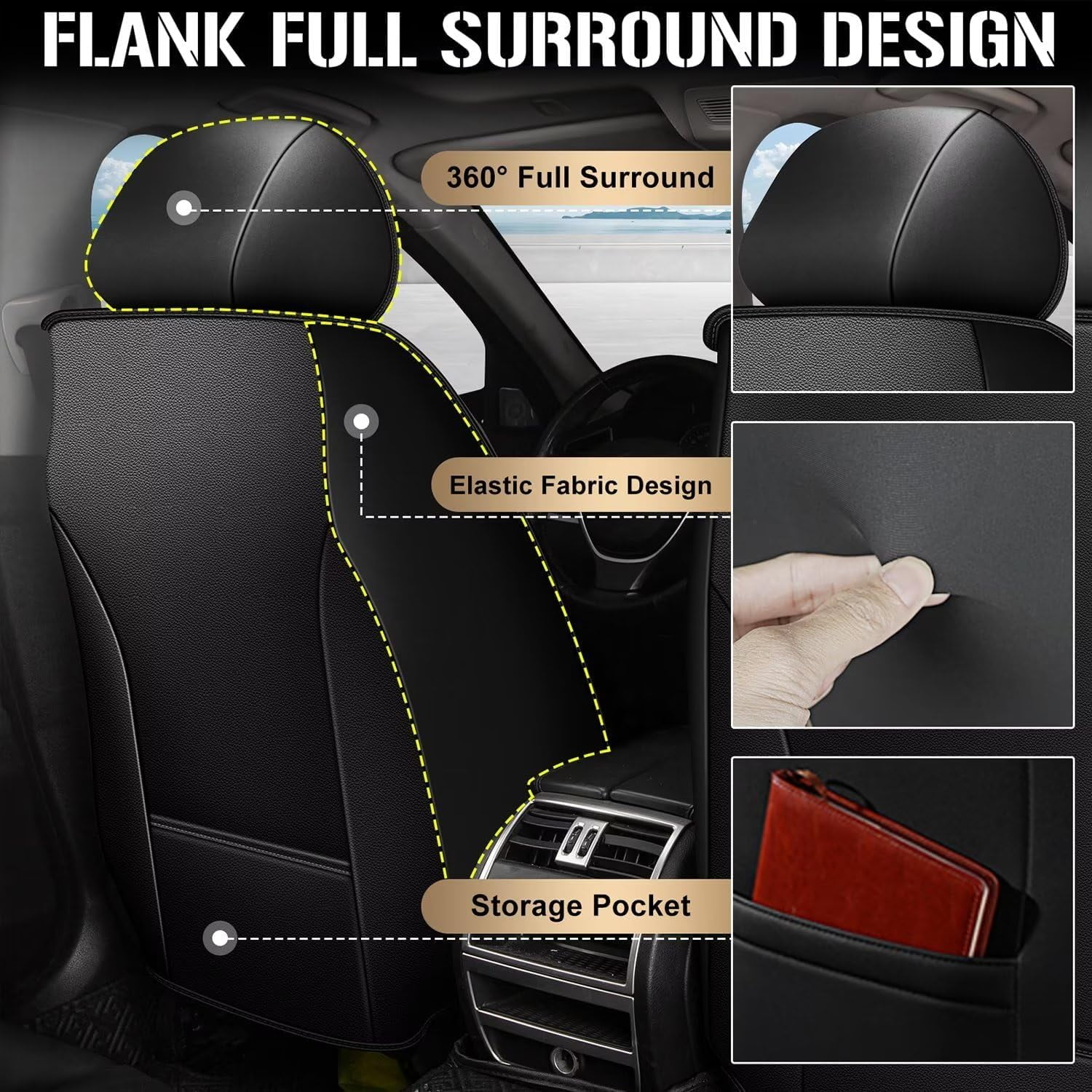 DIKSOAKR 2 Front Car Seat Cover Fit for Ford F-150 2009-2025: Faux Leather Seat Cushion with Lumbar Support Waterproof Seat Protector Compatible Airbag (Black&Gray)-First Row 2 Seats