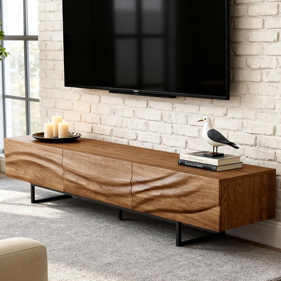 82.83" Modern Walnut TV Stand for 80  Inch TVs, Mid Century Media Console with Wavy Solid Wood Drawer Fronts, Metal Legs & Ample Storage, Stylish Entertainment Center for Living Room or Bedroom