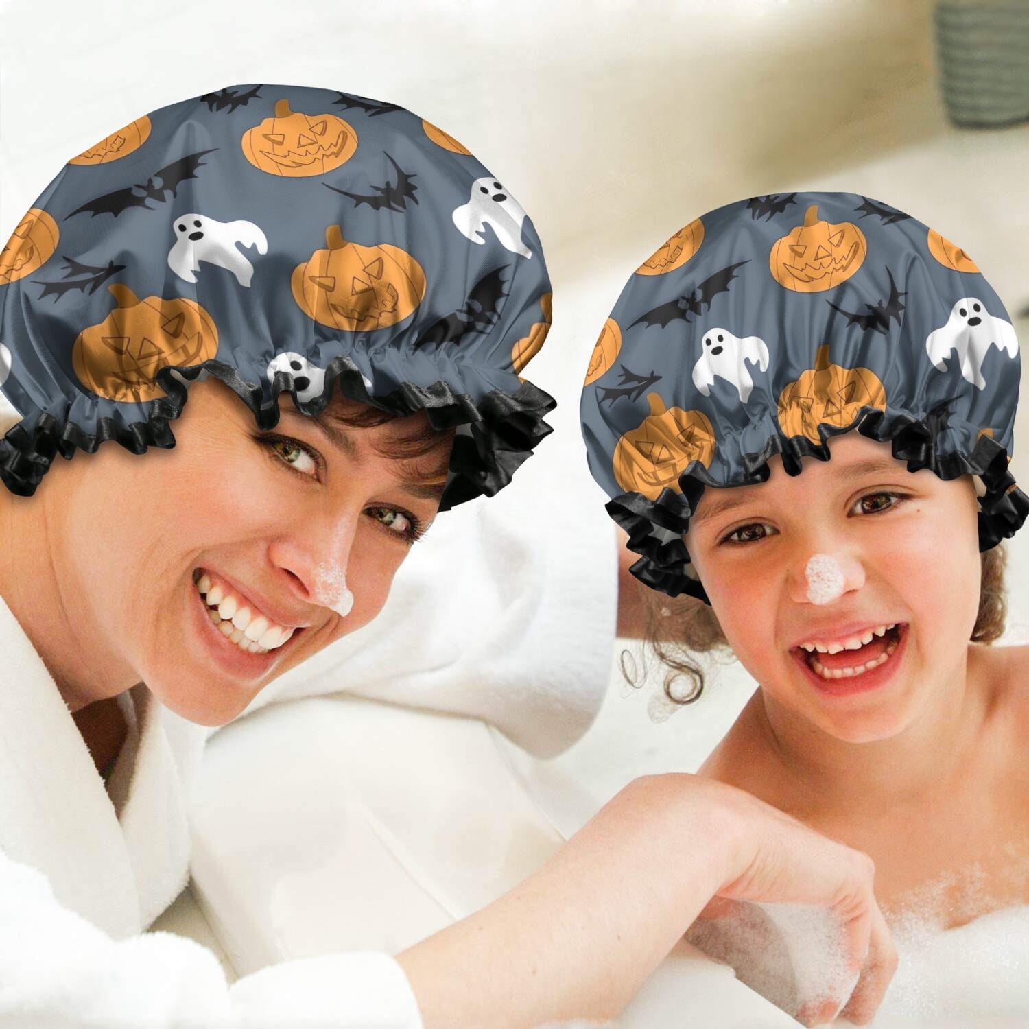 Shower Caps,Pumpkin Ghost Bat Halloween Pattern Waterproof Shower Cap for Women 4 Pieces,Double Reusable Hair Cover for Shower PEVA Elastic Stretch Hem
