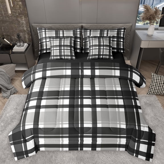 Homewish Classic Geometric Plaid 7-Piece Twin Bedding Sets,Modern Geometric Bedding Comforter Set,Gray Black Grid Sheet Sets For Boys Kids,Super Cozy Room Decor Reversible
