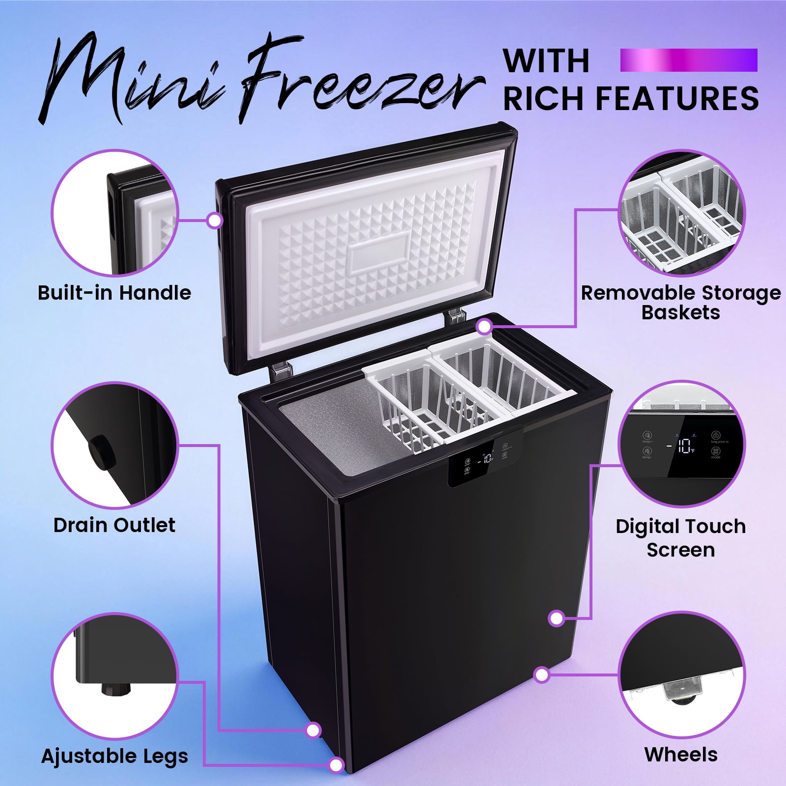 JIEJIA 4.5 Cu.ft Chest Freezer Large Capacity Compact Mini Deep Freezer with Electronic Temperature Control and 2 Removable Baskets Top Open Door Energy Saving, Black