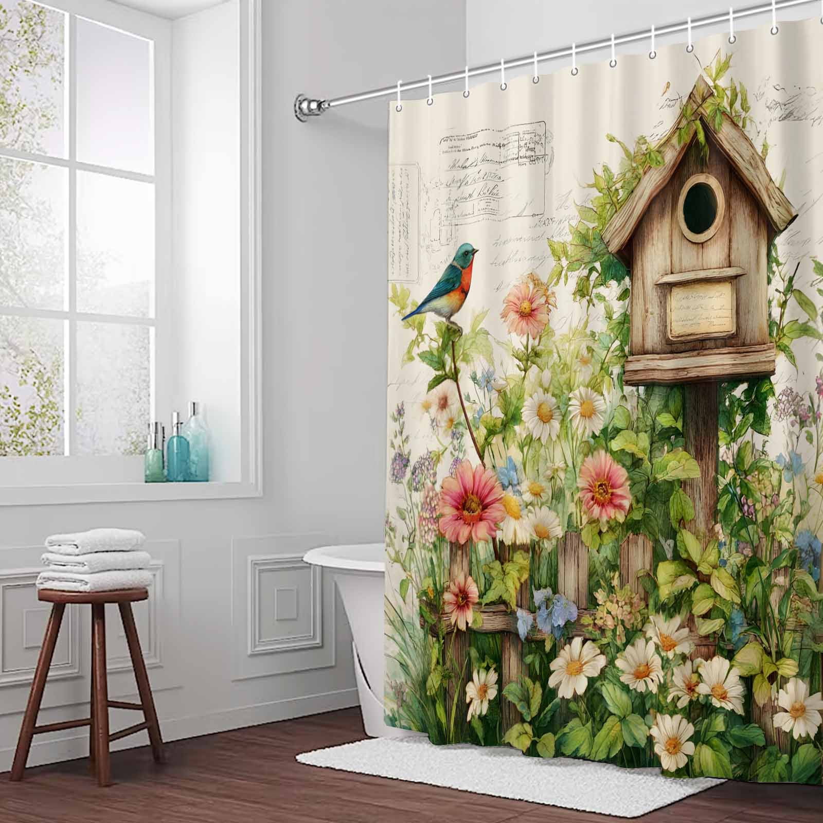 Spring Flowers Shower Curtain for Bathroom, Country Watercolor Bird House Fence White Floral Leaf Beige Waterproof Cloth Fabric Bathroom Accessories Set with 12 Rust Proof Plastic Hooks, 36"x78"