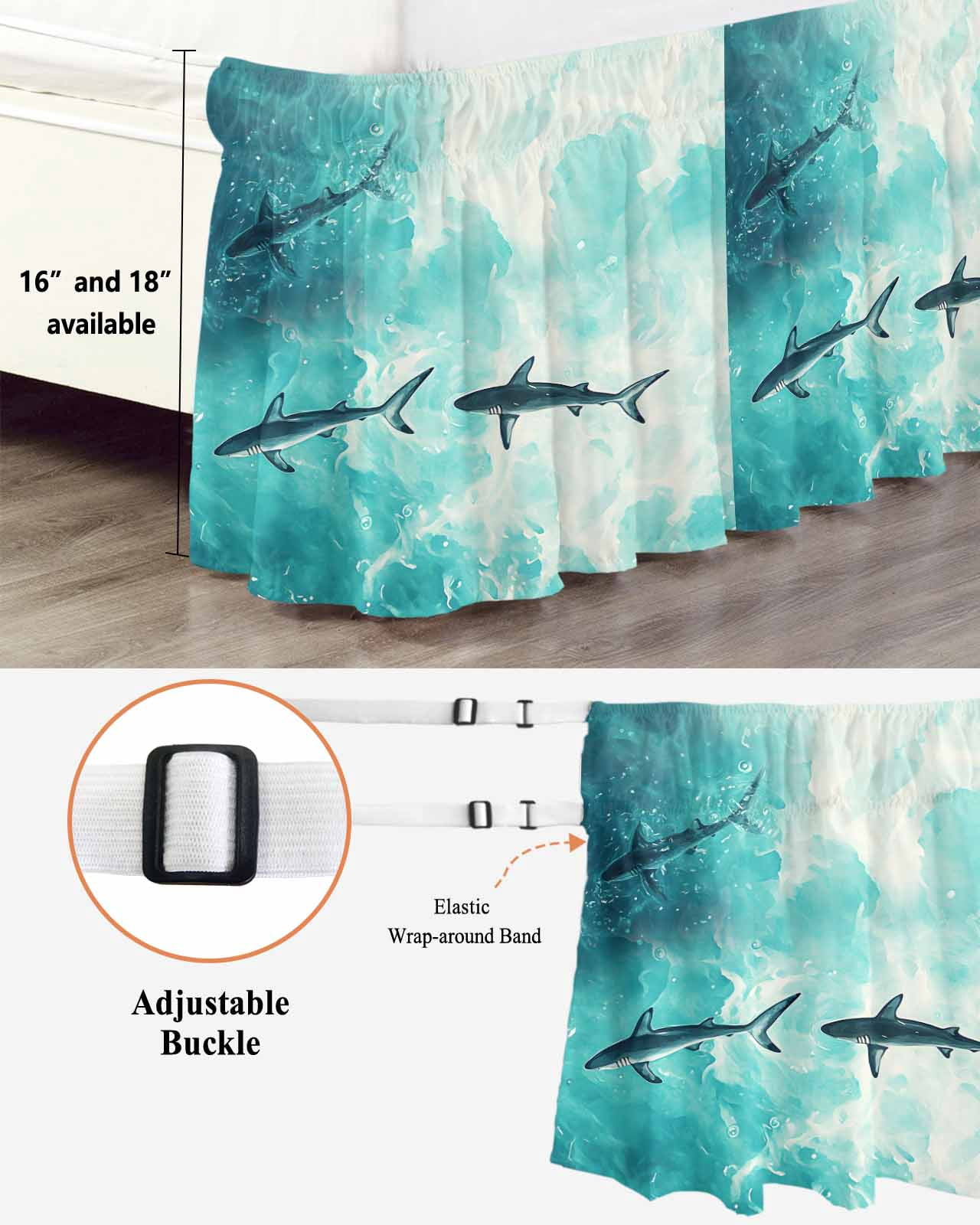 Ocean Shark Wrap Around Bed Skirts for Queen Bed 16" Drop, Bed Skirt with Adjustable Elastic Belt Dust Ruffle Bed Valance for Bedroom Hotel Luxury Teal Green Wave Summer Beach Coastal Bed Frame Cover