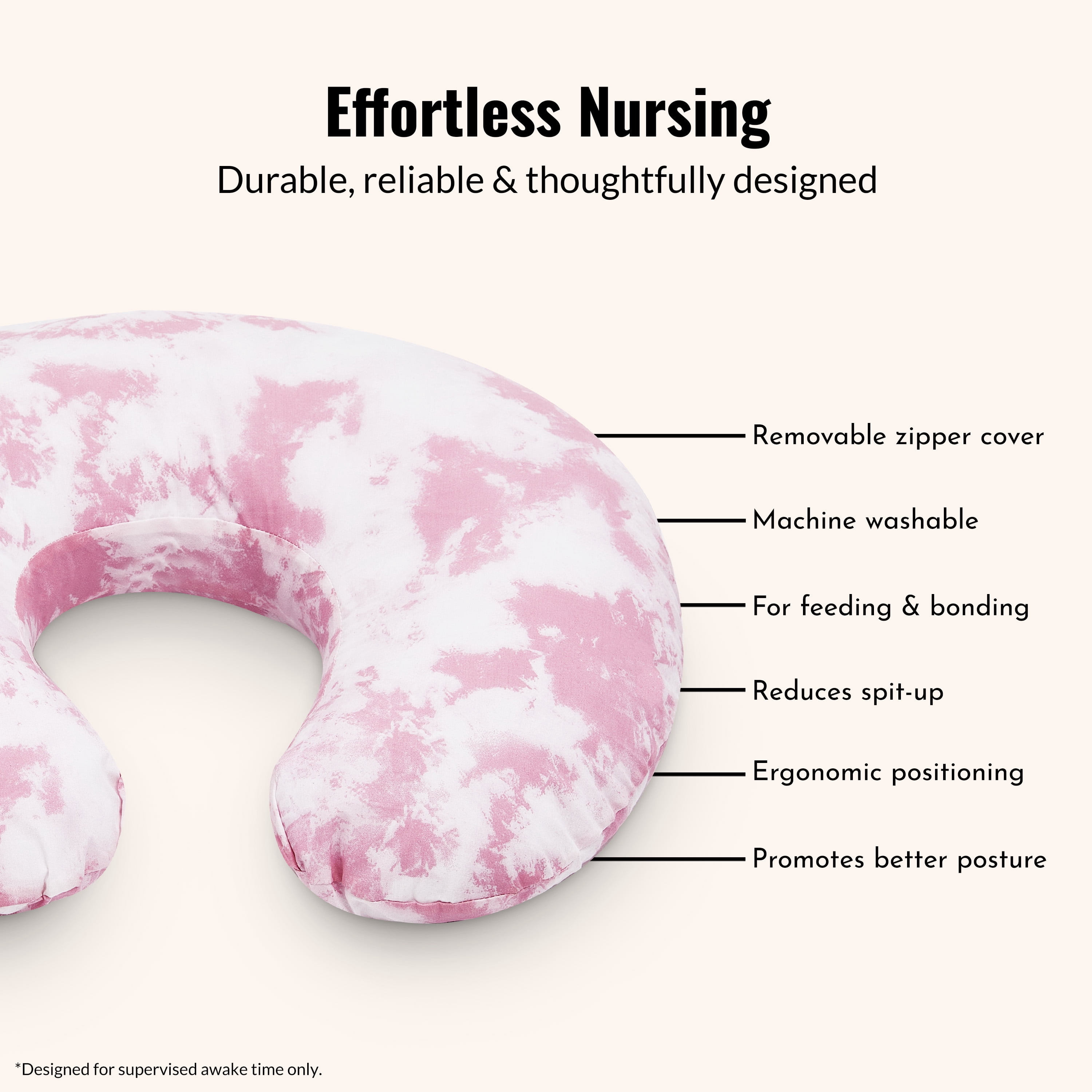 Dream On Me Beeboo Nursing Pillow and Positioner, Breastfeeding and Bottlefeeding Pillow, Removable and Washable Pillow Cover, Soft and Breathable Fabric in Pink