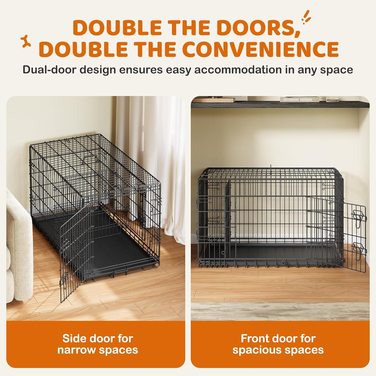 LibraMAl 42 inch Double Door Dog Crate w/Divider for Puppy to Adult XL Collapsible Metal Crate with Removable Tray Wire Dog Kennel for Large Dogs Portable Travel Cage, Black