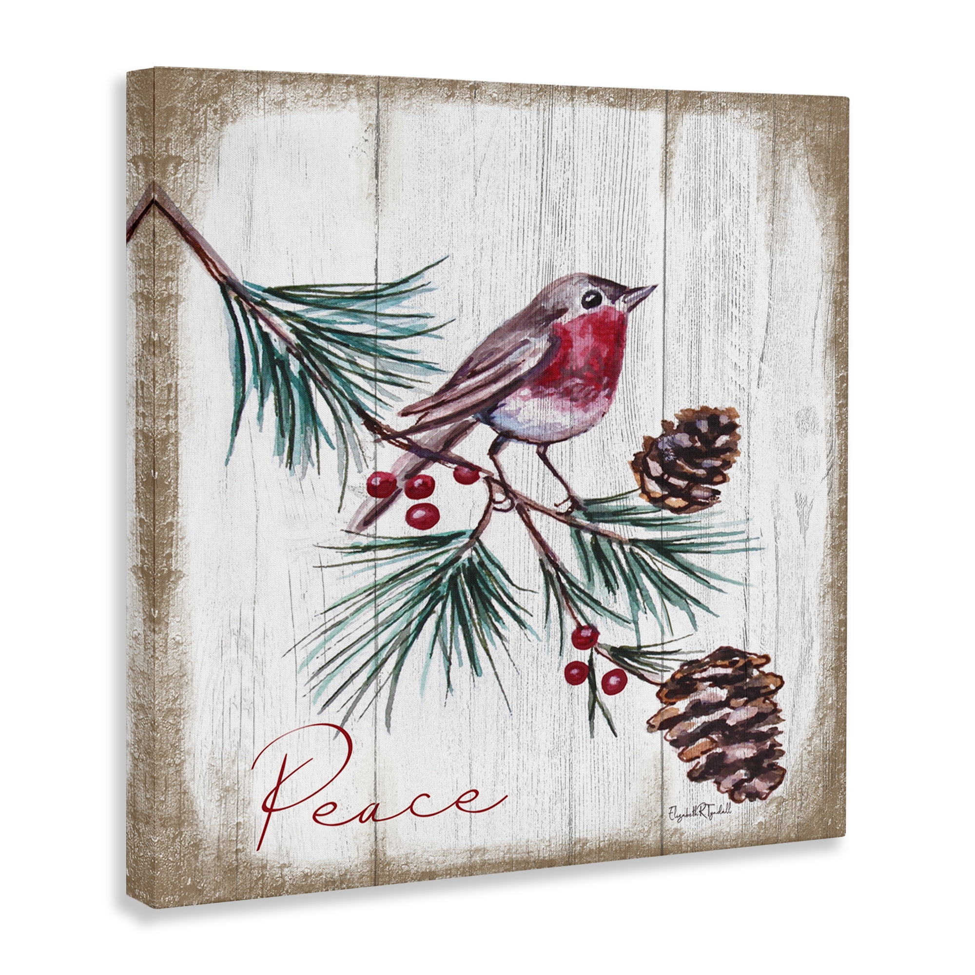 Stupell Industries Rustic Bird & Pinecones Holiday Painting Gallery Wrapped Canvas Art Prints Wall Art, 24 x 24