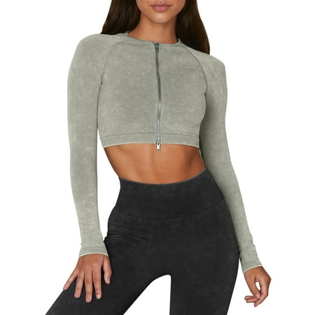 

MIASHUI Women s Solid Color Crop Tops Round Neck Zipper Long Sleeve Sport Clothing