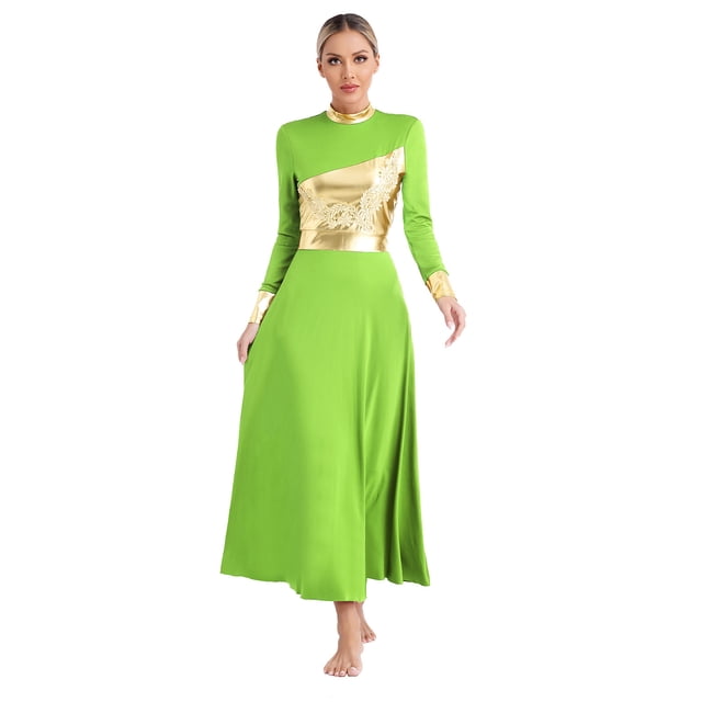 Linjinx Robe de Danse Liturgique pour Femmes Bloc de Couleur Métallique Performance Danse Vert Clair P