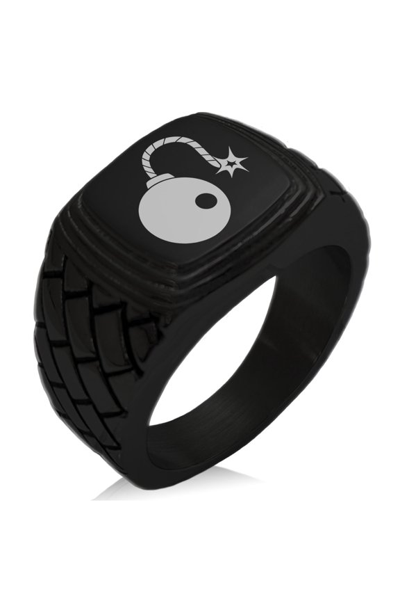 Stainless Steel Pirate Bombardier Icon Geometric Pattern Step-Down Biker Style Polished Ring