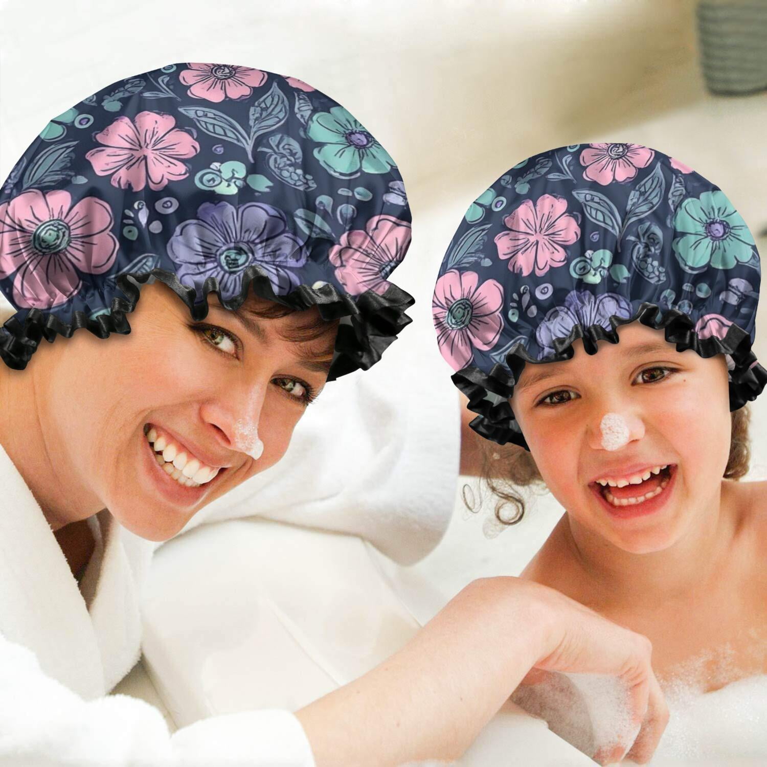 Shower Caps,Pioneer Flower Floral Print Pattern Waterproof Shower Cap for Women 4 Pieces,Double Reusable Hair Cover for Shower PEVA Elastic Stretch Hem