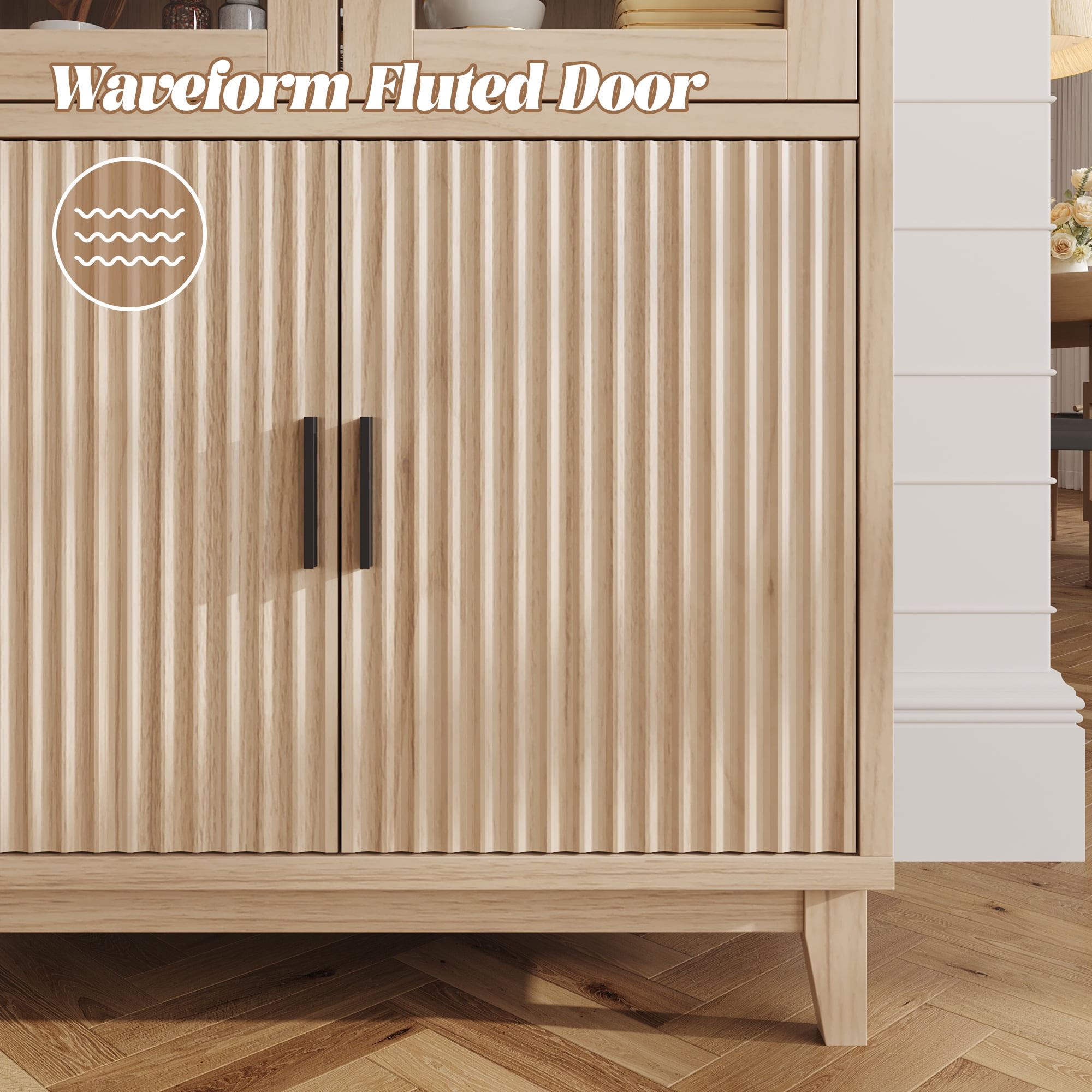 VEANERWOOD 71" Tall Arch Cabinet, Wood Fluted Kitchen Kitchen Storage Cabinet with 4 Doors and 6 Shelves for Dining Room Living Room
