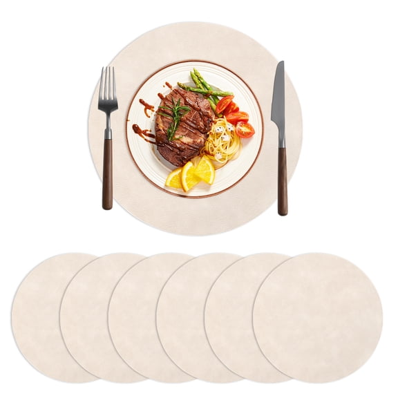 LOKHOM 13" Round Placemats Set of 6, Faux Leather Waterproof Heat Resistant Placemats, Reversible Solid Table Mats for Kitchen Dining Room, Beige
