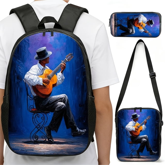 Music-Themed Guitar Print Backpack & Crossbody Bag Suitable for Daily Commute or Creative Use - Fade-Resistant Design with Musician Print, Adjustable Straps & Pencil Case (Ideal for Musicians, Guitar