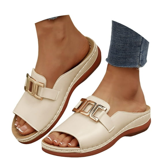 Dakaela Womens Orthopedic Sandals Arch Support Wedge Platform Shoes Summer Casual Slides Beige 6.5