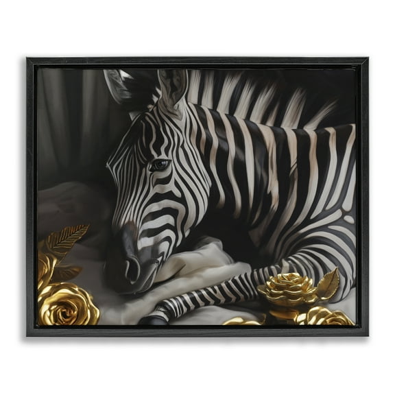 Stupell Industries Zebra with Gold Flowers Animals Painting Black Floater Framed Canvas Art Print Wall Art, 21 x 17
