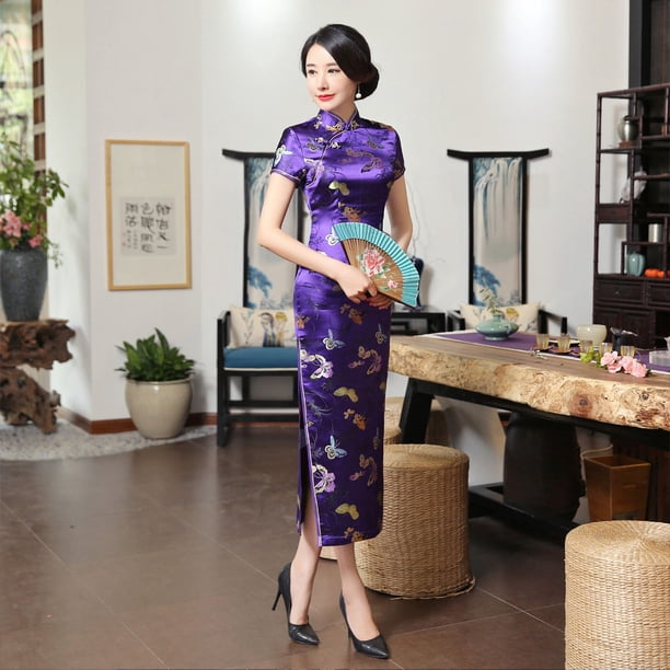 Traje largo estampado con elegantes mangas cortas, traje vintage estilo Tang para asistir a conferencias, bailes y moda.