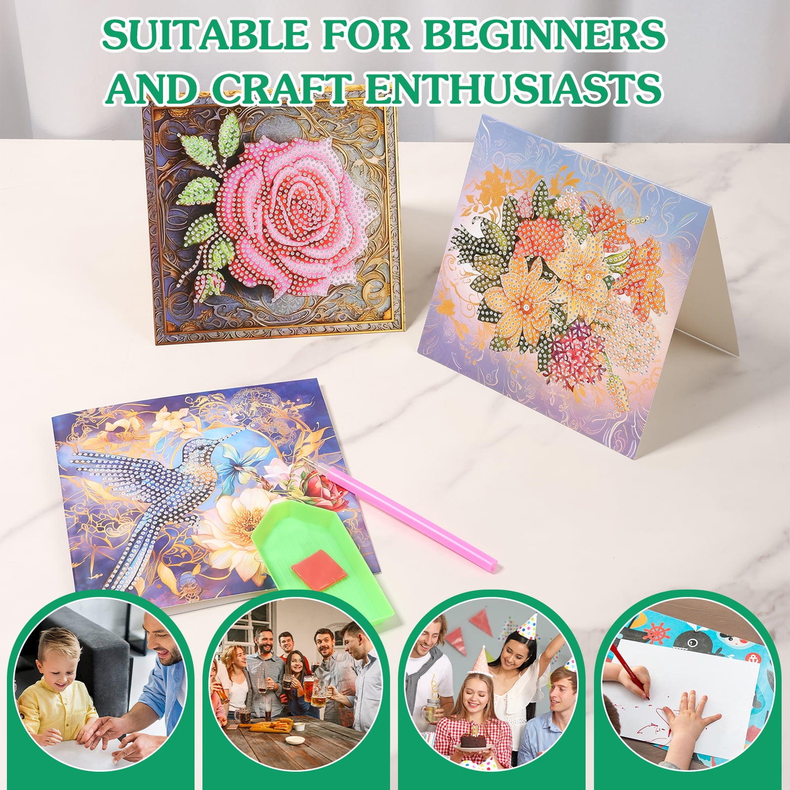 Ikoopy 12 Pack Diamond Art Card with Painting Tool and Envelope DIY Manual Greeting Card for Christmas Xmas for Festival New Year