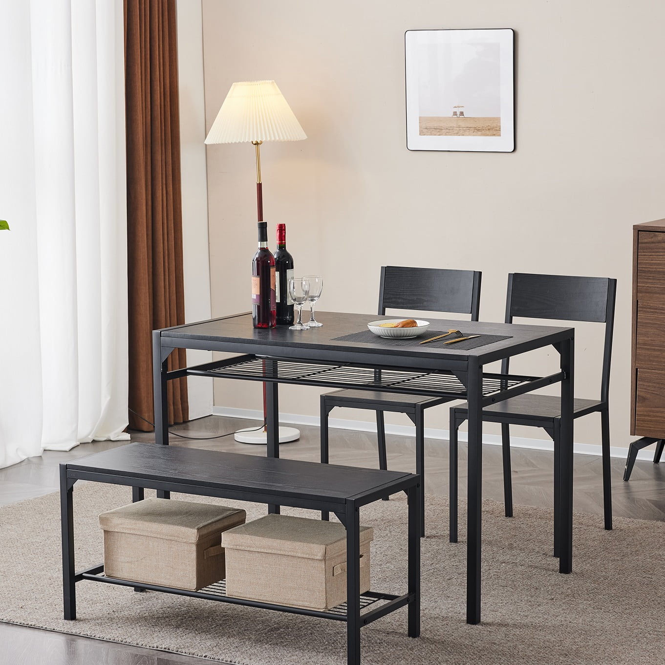 Ktaxon 4 Pcs Dining Table Set, Dinning Set for 4 with 2 Chairs and Bench, Dinner Table with Storage Rack, Nesting Furniture Set for Dining Room, Restaurant, Black Wood