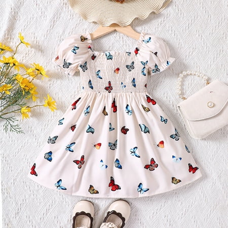 

PEASKJP Prom Dresses 2023 Girls Toddler Floral Floral Embroidered Boho Ruffled Short Sleeve Dress Strappy Swing Casual Dresses for Girls White 12-18 Months