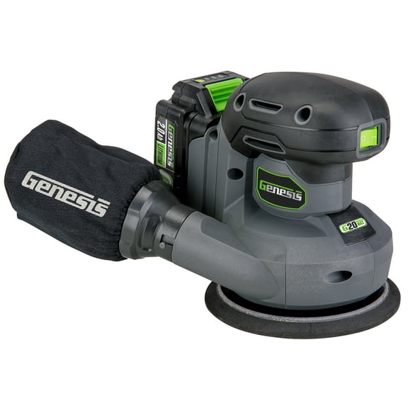 Genesis G20MAX 20V 5 in. Random Orbit Sander with Dust Bag, Sanding Disc Assortment, 2.0Ah Battery, and Quick Charger GLROS20B