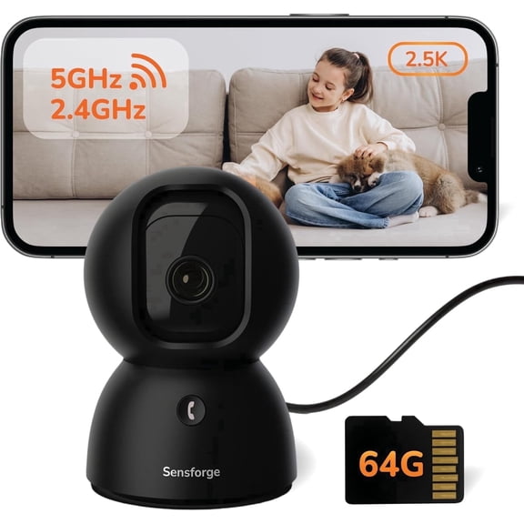 SensForge 2.5K Pan-Tilt Security Camera, 360° Dual-Band WiFi Camera for Home, Free AI Human & Pet Detection, 2-Day Cloud   64GB SD Storage, Two-Way Talk, Optional AI   Storage Upgrade