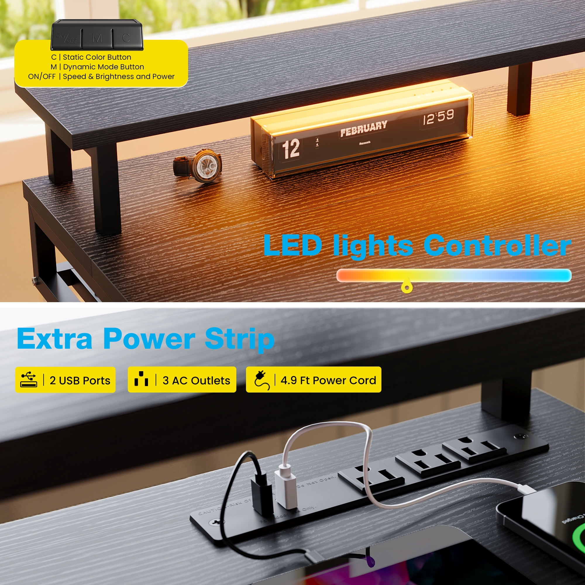 Casacomoda 55 inch Electric Standing Desk with Power Outlets and LED Lights, Adjustable Height Sit Stand Desk with Monitor Shelf & 3 Fabric Drawers for Home Office, Black