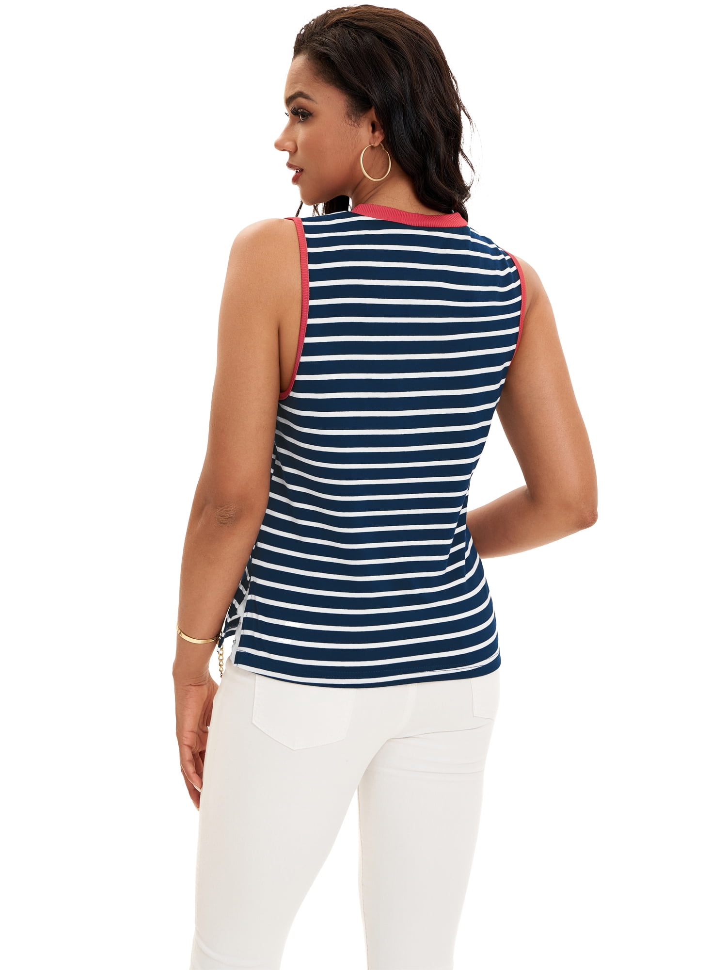 DARING DIVA Women's Striped Tank Top with Color Block XL Dark Blue Red