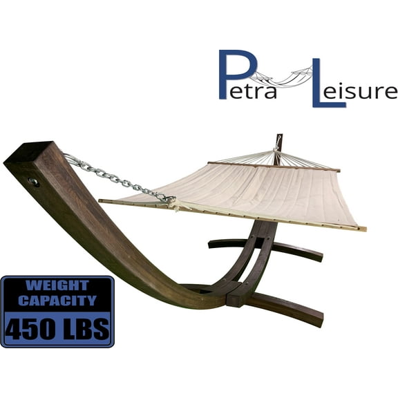 Petra Leisure 14 Ft. Brown Wooden Arc Hammock Stand Premium Quilted Beige Color, Double Padded Hammock Bed. 2 Person Bed. 450 LB Capacity