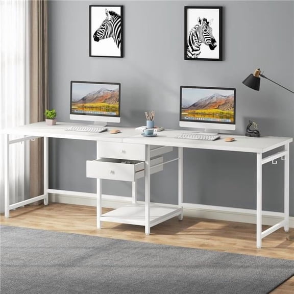 Tradeber TB-NY265 79 in. Two Person Computer Desk with Drawers & Storage Shelves - White