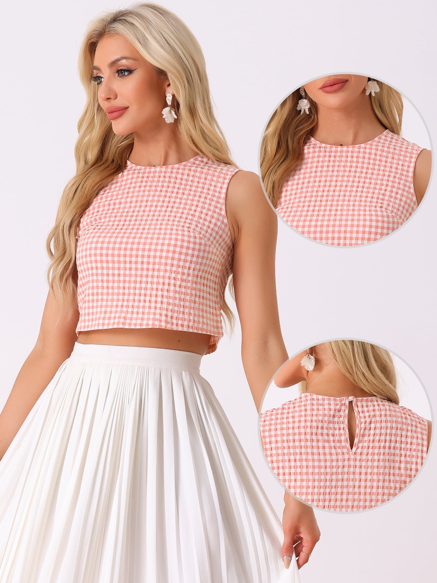 Unique Bargains Women's Blouse Sleeveless Vintage Summer Ginham Tops XS Red L Pink