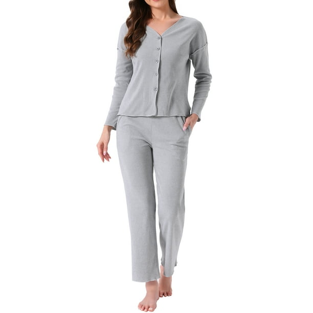 Conjuntos de pijama para mujer, botón, de manga larga, cuello en V, ropa de estar en casa, pantalones con cintura elástica, 2 piezas con bolsillos, S, gris