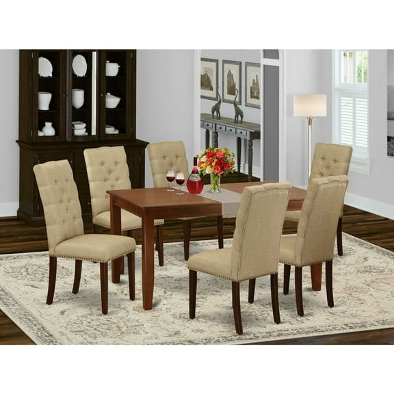 HomeStock Baroque Beauty 7-Piece Dining Room Table Set- 6 Person Dining Chairs And Dinner Table Solid Wood Frame - High Back & Mahogany Finish