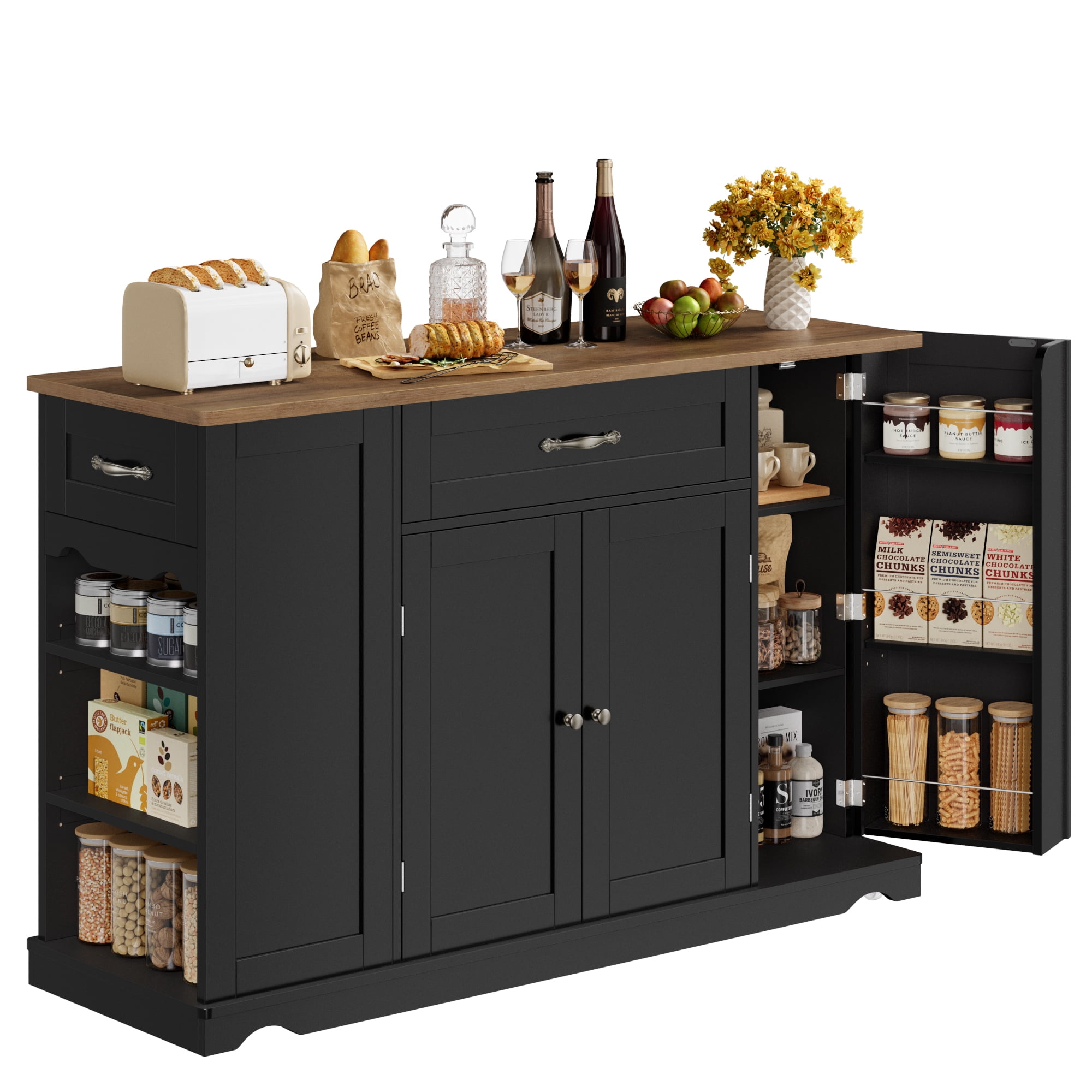 Homfa Kitchen Island with Wheels & Adjustable Shelf, 2 Drawer Modern Buffet Cabinet Sideboard Coffee Bar for Dining Room Living Room, Black