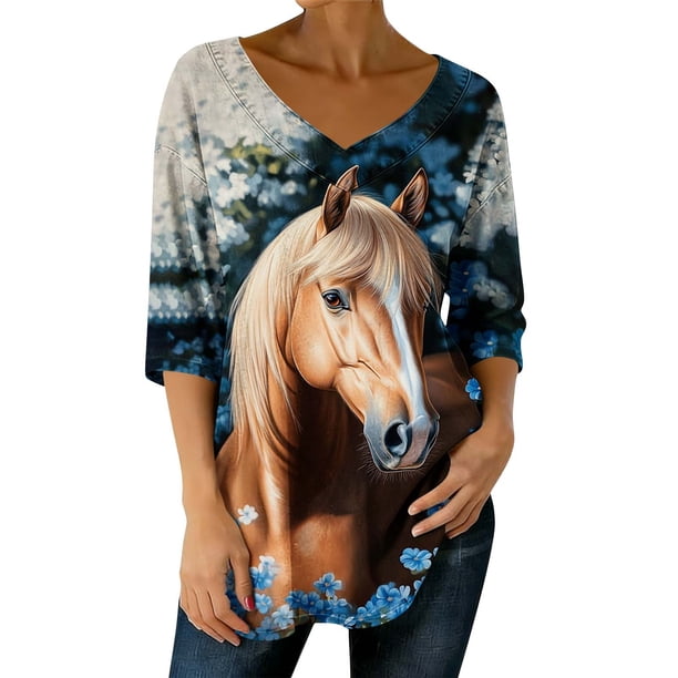 3/4 Manga Casual Tops para las Mujeres V-Cuello Suéter Suelto-Ajuste Impreso Top Moda Casual para la Primavera Y el Verano