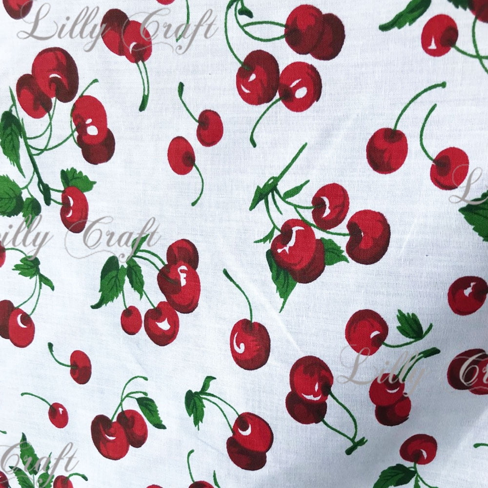 Lilly Craft Red Cherries on White Poly Cotton Fabric - Sold By The Yard - 58' / 59'