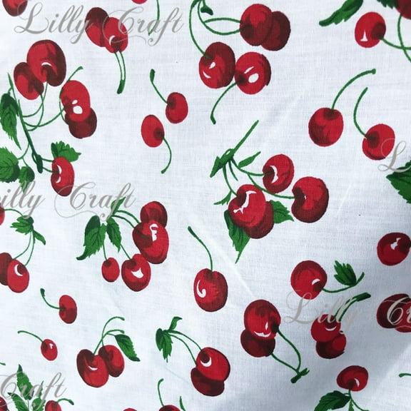 Lilly Craft Red Cherries on White Poly Cotton Fabric - Sold By The Yard - 58" / 59"