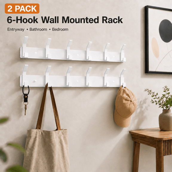 MORAVE 2 Pack White 17.3 Inch Wall Mount Coat Rack with 12 Hooks, Multi-Hook Wall Hanger for Entryway Bedroom Bathroom Towels Hats Coats