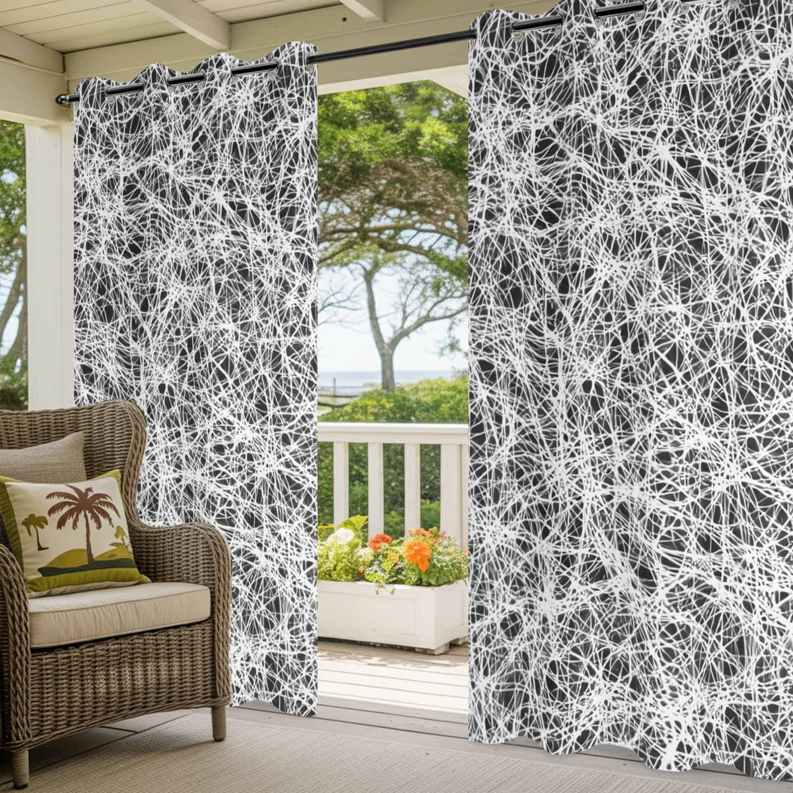 Abstract Fiber Line Outdoor Curtains for Patio, Spring Vibrant Black White Art Cobweb Sunshade Privacy Drapes Grommet Waterproof Outside Curtains for Porch/Cabana/Balcony 54"x 108", 1 Panel