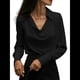 thumbnail image 2 of Blusa Elegante de Satén de Seda para Mujer, con Cuello Vuelto, Fruncido en la Parte Delantera, Drapeada, Larga, para Oficina y Trabajo. Negro L, 2 of 6