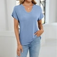 thumbnail image 2 of Htigea Womens Summer V Neck T Shirts Casual Roll Short Sleeve Tops Loose Fit Basic Tee with Pocket Sale Blue,S, 2 of 6