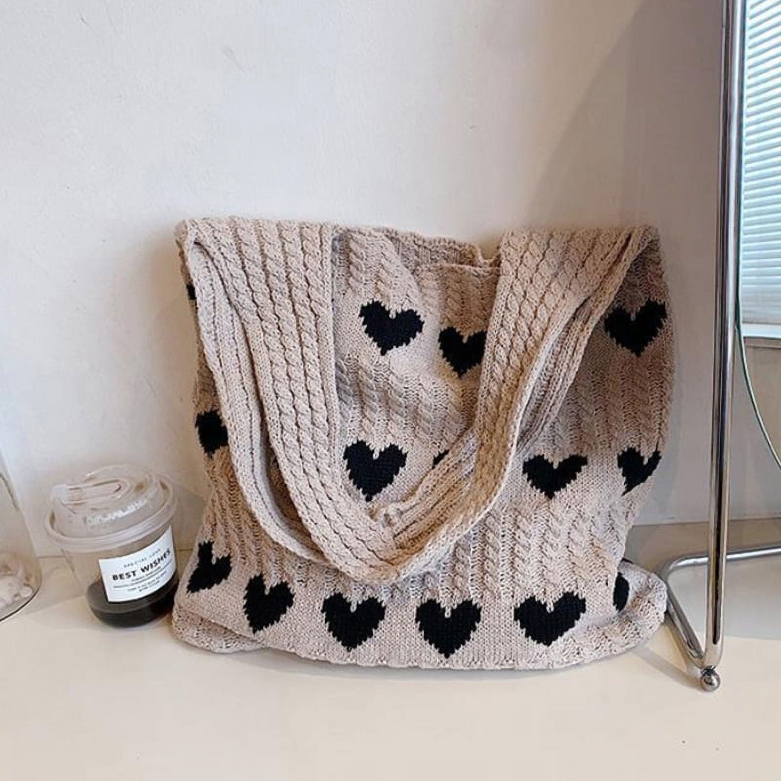 Love Heart Graphic Knitted Tote Bag Fashion Woven Shoulder Bag Aesthetic Crochet Bag For Women