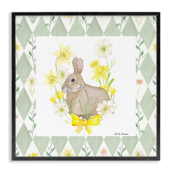 Mother Bunny on Green Argyle Black Framed Giclee Art, design by Lee Ann Sanders