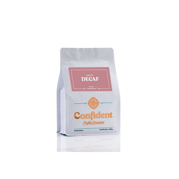 Confident Coffee Medium Roast Whole Bean Specialty Coffee. Single Origin Decaf Colombia, Swiss Water Process, 12 ounces.